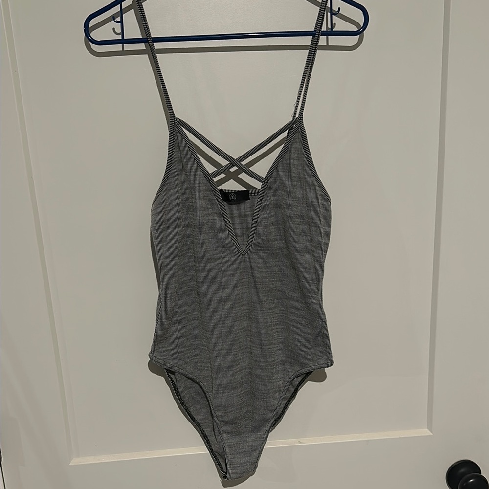 American Apparel Gray Bodysuit with Spaghetti Straps and Criss-Cross Back